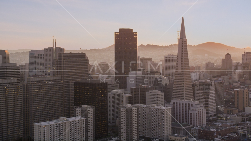 555 California Street and Transamerica Pyramid skyscrapers in Downtown San Francisco, California, sunset Aerial Stock Photo DCSF07_064.0000260 | Axiom Images