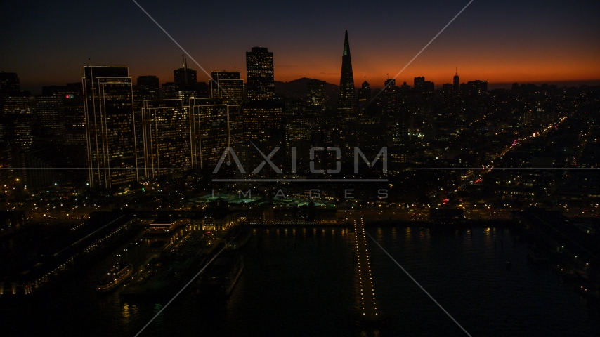 Downtown San Francisco skyscrapers and Transamerica Pyramid, California, twilight Aerial Stock Photo DCSF07_113.0000251 | Axiom Images