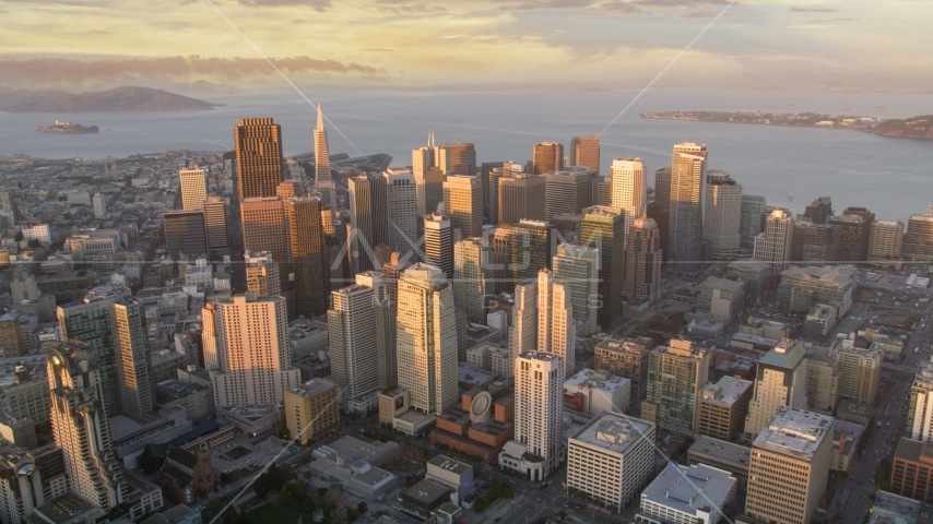 The Downtown San Francisco cityscape and San Francisco Bay, California, sunset Aerial Stock Photo DCSF10_003.0000001 | Axiom Images