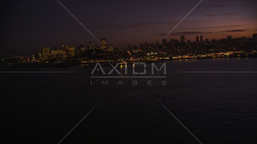 Pier 39 and skyline of Downtown San Francisco, California, twilight Aerial Stock Photo DCSF10_060.0000000 | Axiom Images