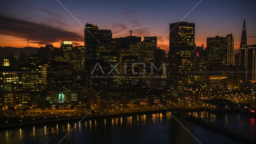The city's downtown skyline at twilight in Downtown San Francisco, California Aerial Stock Photo DCSF10_063.0000016 | Axiom Images