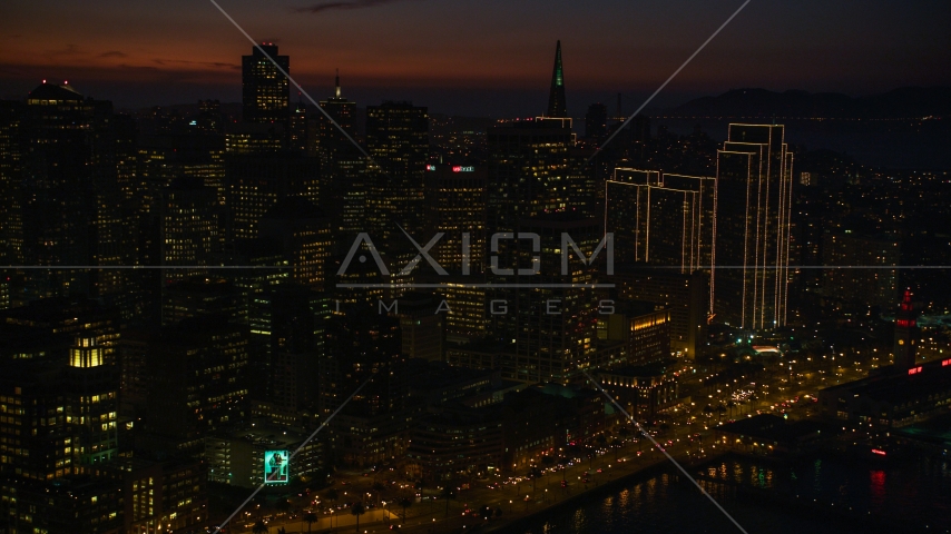 Tall downtown skyscrapers in Downtown San Francisco, California, night Aerial Stock Photo DCSF10_070.0000023 | Axiom Images