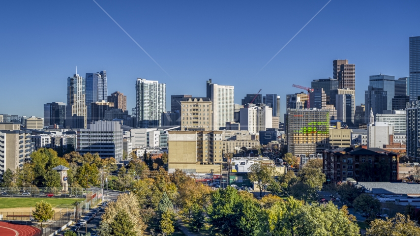 Part of city's skyline seen from trees, Downtown Denver, Colorado Aerial Stock Photo DXP001_000125 | Axiom Images