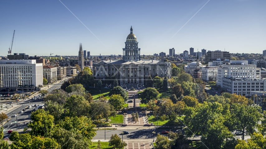 Colorado State Capitol building by Civic Center Park in Downtown Denver, Colorado Aerial Stock Photo DXP001_000138 | Axiom Images