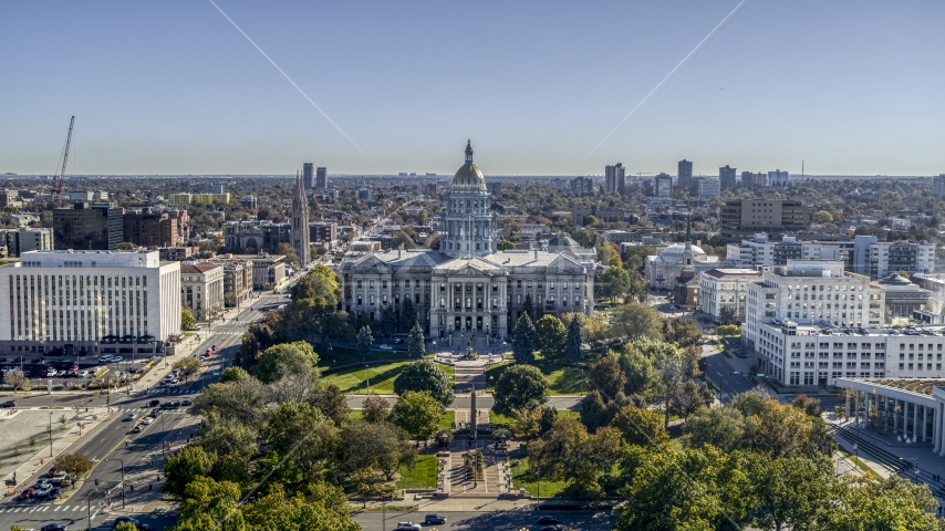 The Colorado State Capitol viewed from Civic Center Park in Downtown Denver, Colorado Aerial Stock Photo DXP001_000145 | Axiom Images