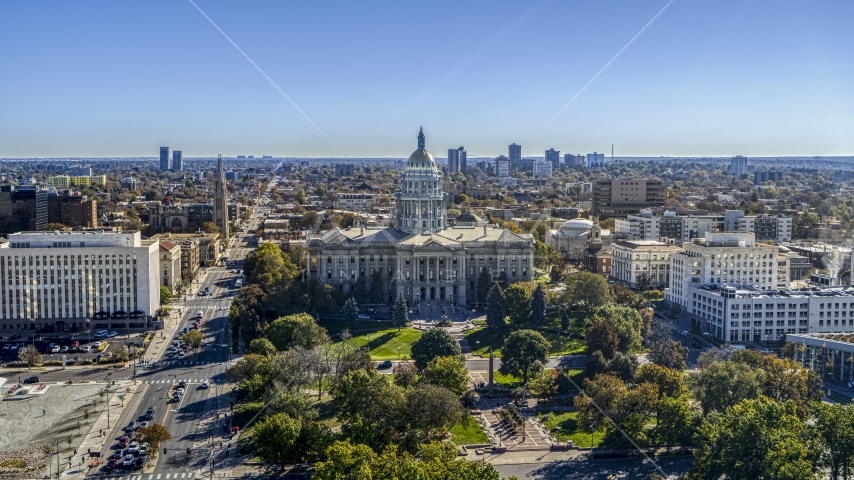 The Colorado State Capitol viewed from tree-lined Civic Center Park in Downtown Denver, Colorado Aerial Stock Photo DXP001_000146 | Axiom Images