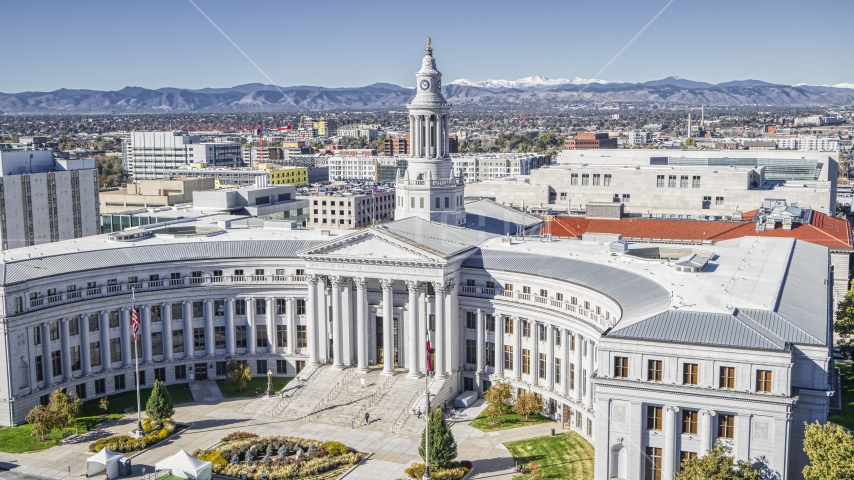 The front of the Denver City Council building in Downtown Denver, Colorado Aerial Stock Photo DXP001_000149 | Axiom Images