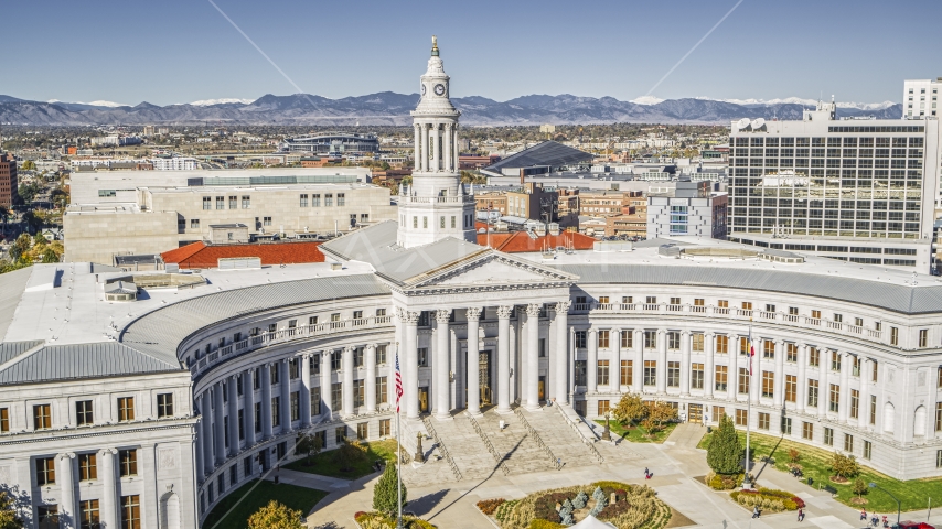 The front side of the Denver City Council building in Downtown Denver, Colorado Aerial Stock Photo DXP001_000150 | Axiom Images