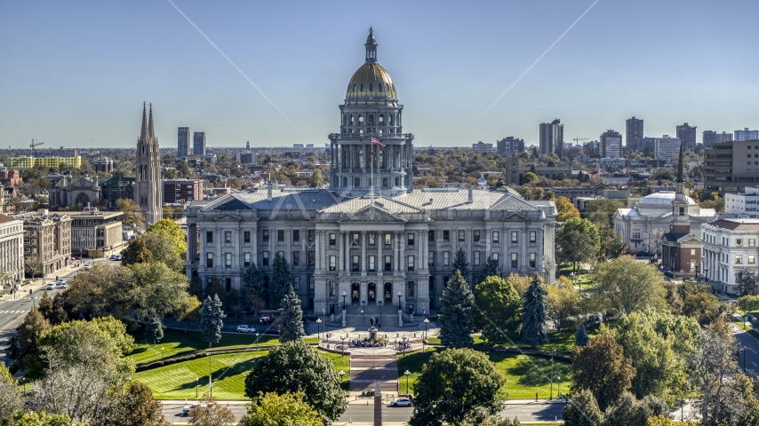 Colorado State Capitol with visitors in front of the building in Downtown Denver, Colorado Aerial Stock Photo DXP001_000153 | Axiom Images