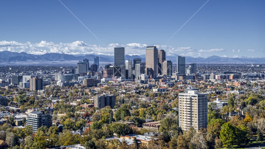 The skyline seen from across the city, Downtown Denver, Colorado Aerial Stock Photo DXP001_000155 | Axiom Images