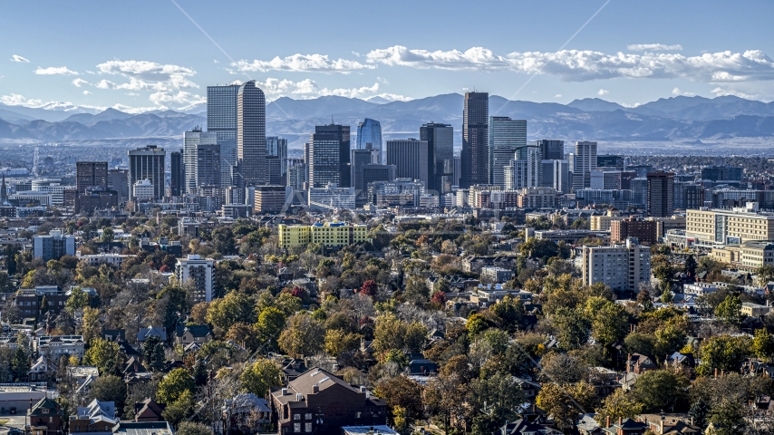 The city's skyline with mountains in the background, Downtown Denver, Colorado Aerial Stock Photo DXP001_000163 | Axiom Images