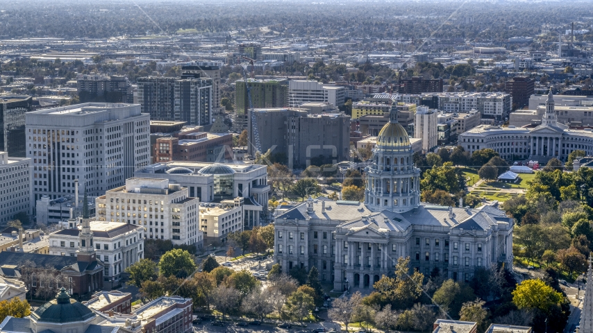 The Colorado State Capitol and neighboring buildings, Downtown Denver, Colorado Aerial Stock Photo DXP001_000166 | Axiom Images