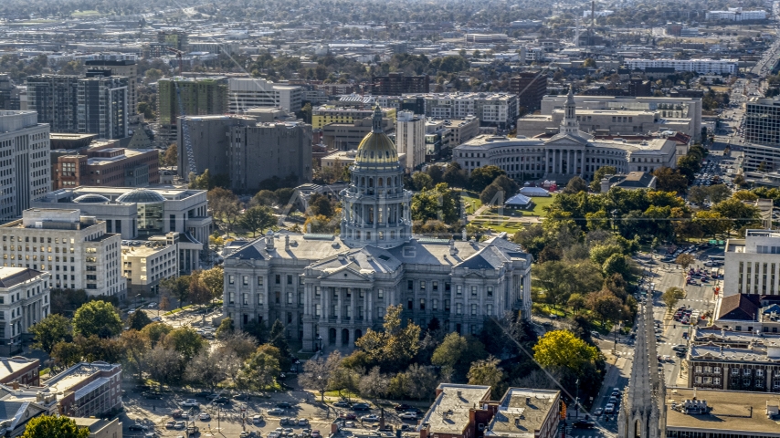 The Colorado State Capitol with Denver City Council building behind it, Downtown Denver, Colorado Aerial Stock Photo DXP001_000167 | Axiom Images