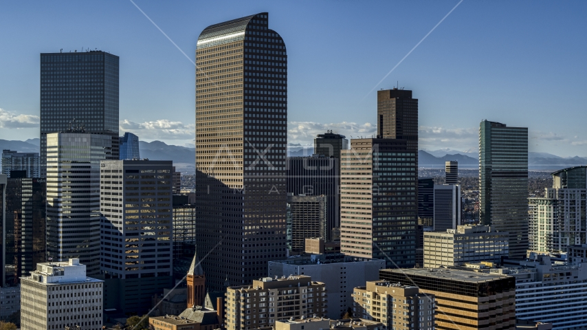 Wells Fargo Center skyscraper and surrounding high-rises in Downtown Denver, Colorado Aerial Stock Photo DXP001_000174 | Axiom Images