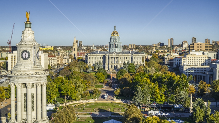 The Colorado State Capitol and Civic Center Park seen from city council clock tower, Downtown Denver, Colorado Aerial Stock Photo DXP001_000178 | Axiom Images