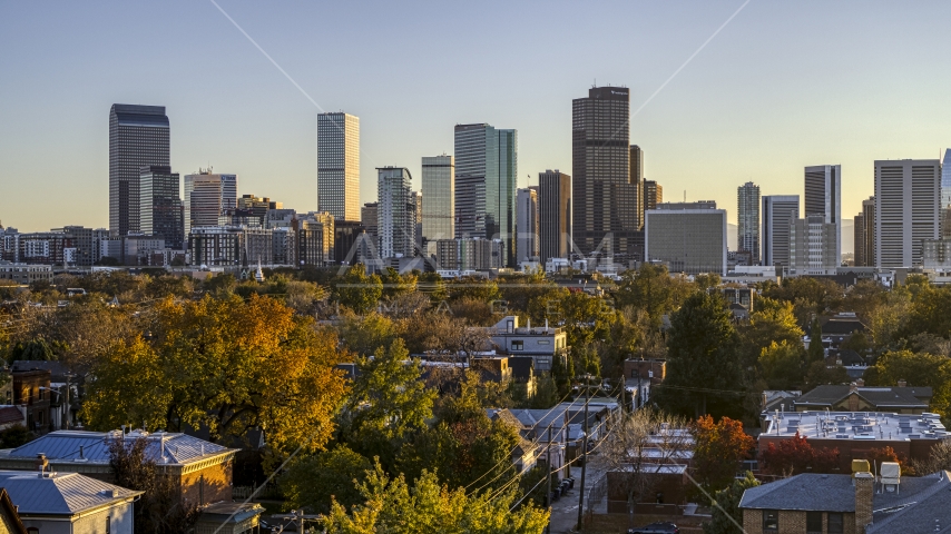 Wide view of city's skyline seen from tree-lined residential neighborhood at sunset, Downtown Denver, Colorado Aerial Stock Photo DXP001_000179 | Axiom Images