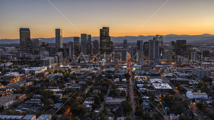 Wide view of Skyscrapers in the city's skyline at twilight, Downtown Denver, Colorado Aerial Stock Photo DXP001_000189 | Axiom Images