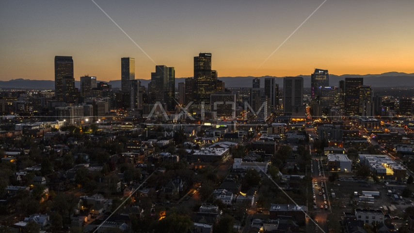 Wide view of the city's skyline at twilight, Downtown Denver, Colorado Aerial Stock Photo DXP001_000190 | Axiom Images
