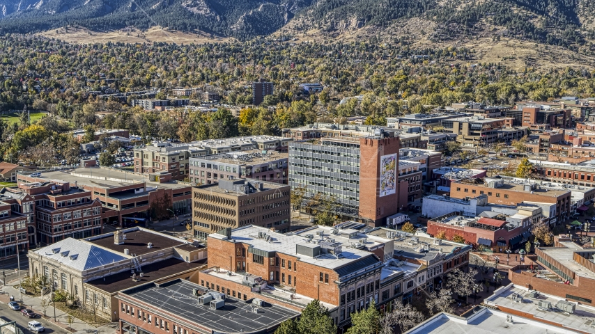 Several brick office buildings in a quiet town, Boulder, Colorado Aerial Stock Photo DXP001_000198 | Axiom Images