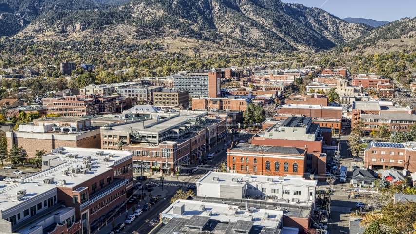 Shops and brick office buildings in a quiet town, Boulder, Colorado Aerial Stock Photo DXP001_000199 | Axiom Images