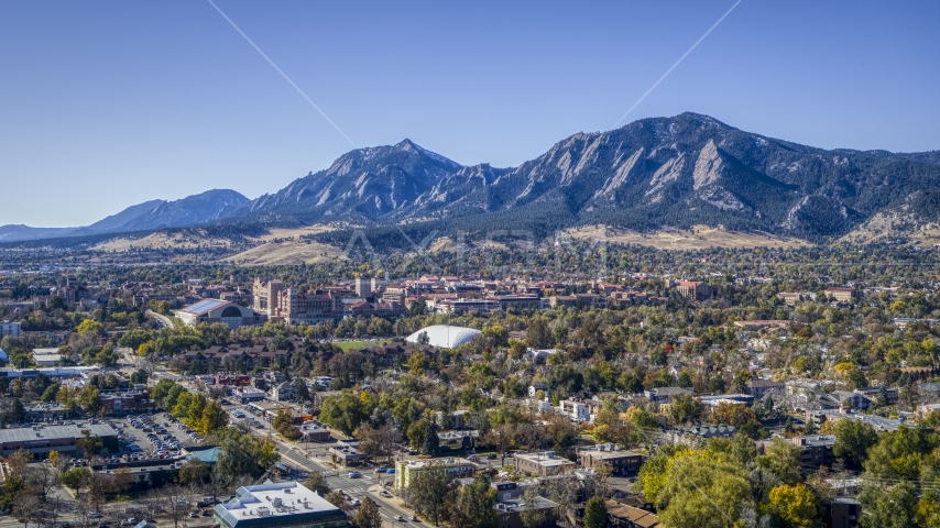 The University of Colorado Boulder with Green Mountain behind it, Boulder, Colorado Aerial Stock Photo DXP001_000202 | Axiom Images