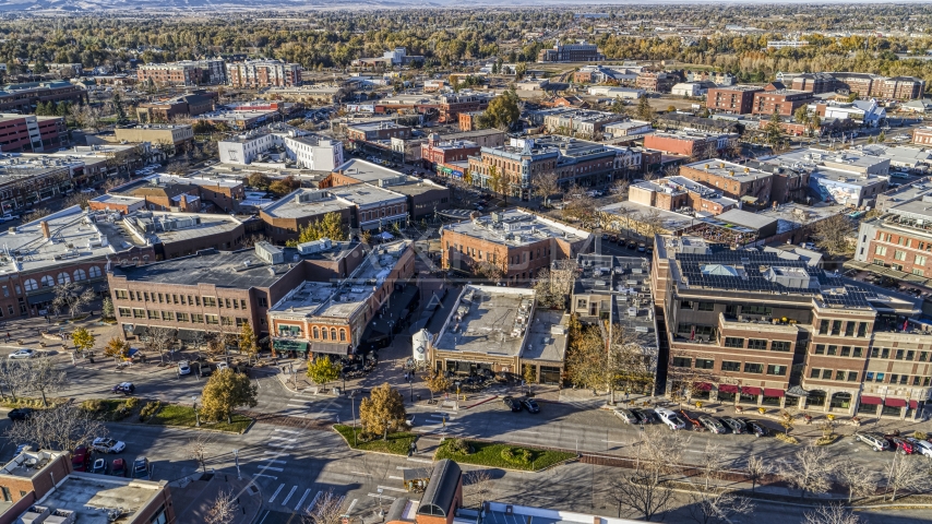 Brick office buildings and shops in Fort Collins, Colorado Aerial Stock Photo DXP001_000231 | Axiom Images