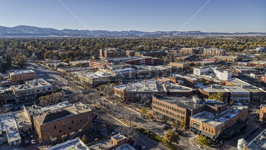 Quiet street with shops and brick office buildings in Fort Collins, Colorado Aerial Stock Photo DXP001_000235 | Axiom Images