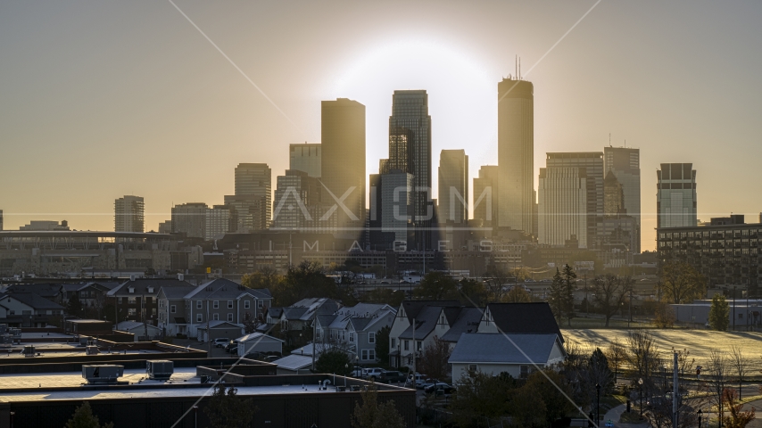 Giant skyscrapers in the city's skyline at sunrise in Downtown Minneapolis, Minnesota Aerial Stock Photo DXP001_000269 | Axiom Images
