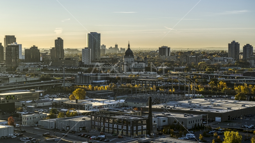 A view of the cathedral dome at sunrise in Downtown Minneapolis, Minnesota Aerial Stock Photo DXP001_000273 | Axiom Images