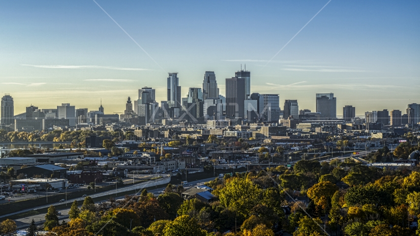 A view of the dome of a cathedral at sunrise in Downtown Minneapolis, Minnesota Aerial Stock Photo DXP001_000274 | Axiom Images