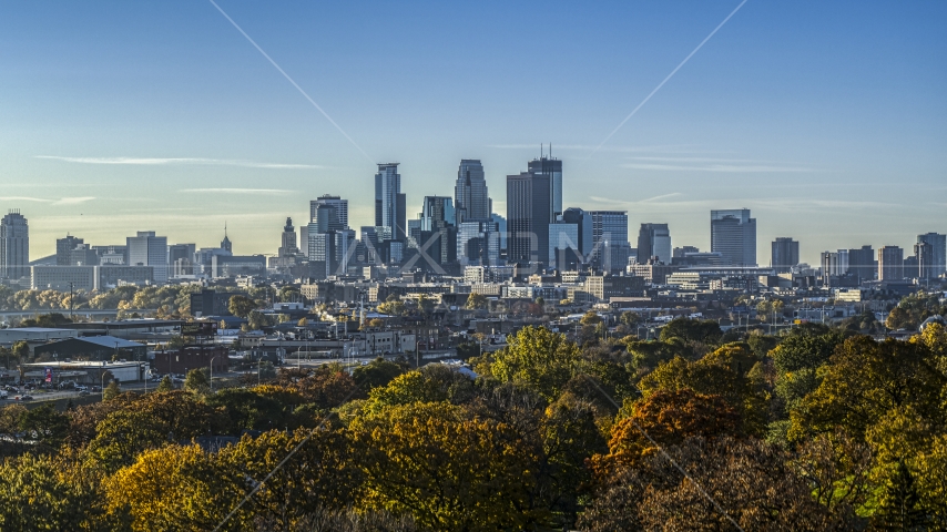 A view of the city's skyline at sunrise in Downtown Minneapolis, Minnesota Aerial Stock Photo DXP001_000275 | Axiom Images