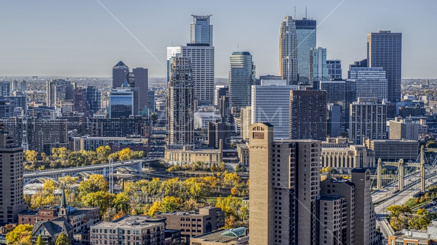 The city skyline's skyscrapers seen at sunrise, Downtown Minneapolis, Minnesota Aerial Stock Photo DXP001_000284 | Axiom Images