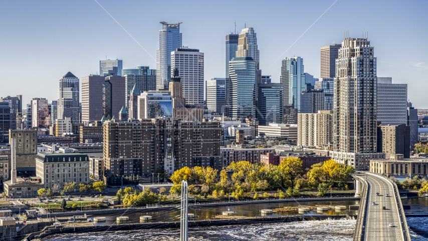 The city's skyline seen from the Mississippi River, Downtown Minneapolis, Minnesota Aerial Stock Photo DXP001_000298 | Axiom Images