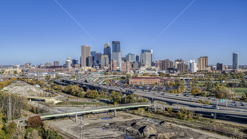 The I-394 freeway and the city's skyline, Downtown Minneapolis, Minnesota Aerial Stock Photo DXP001_000305 | Axiom Images