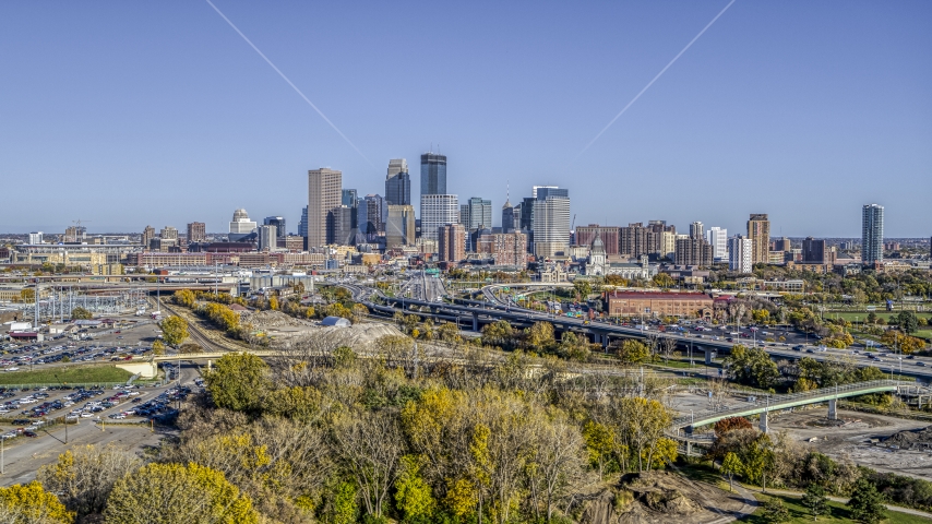 The I-394 freeway, and the city's skyline in the background, Downtown Minneapolis, Minnesota Aerial Stock Photo DXP001_000306 | Axiom Images