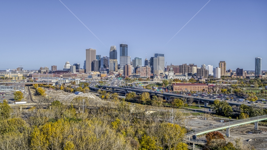 The city's skyline behind the I-394 freeway, Downtown Minneapolis, Minnesota Aerial Stock Photo DXP001_000307 | Axiom Images
