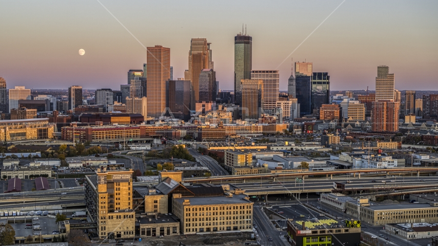 Skyscrapers of the city's skyline at sunset in Downtown Minneapolis, Minnesota Aerial Stock Photo DXP001_000326 | Axiom Images