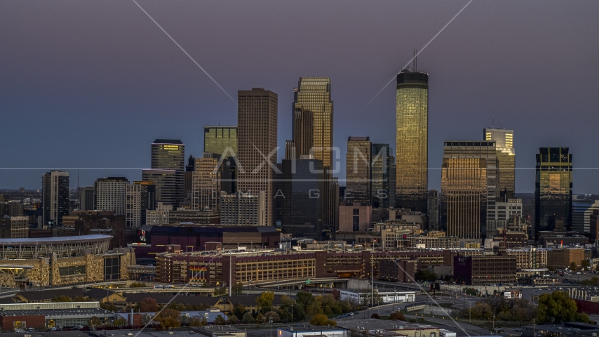 The giant skyscrapers of the city's skyline at twilight, Downtown Minneapolis, Minnesota Aerial Stock Photo DXP001_000335 | Axiom Images