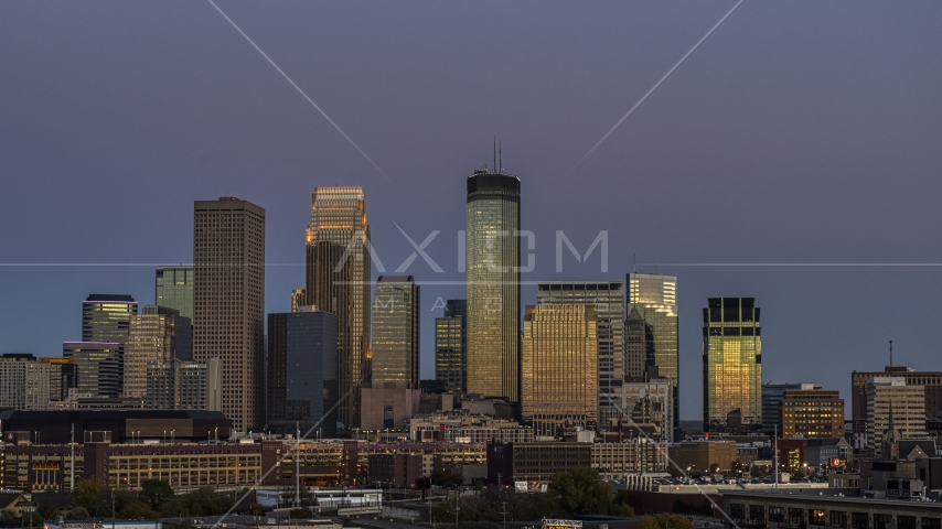 The city's skyline at twilight, Downtown Minneapolis, Minnesota Aerial Stock Photo DXP001_000340 | Axiom Images