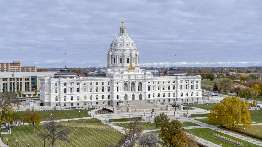 The a view of the front of the Minnesota State Capitol, seen from the park in Saint Paul, Minnesota Aerial Stock Photo DXP001_000377 | Axiom Images