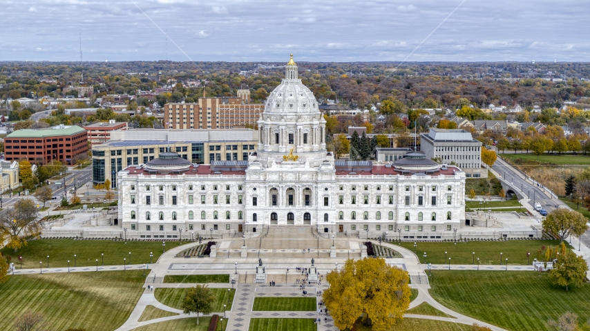 The Minnesota State Capitol and visitors on the front steps, seen from the park in Saint Paul, Minnesota Aerial Stock Photo DXP001_000378 | Axiom Images