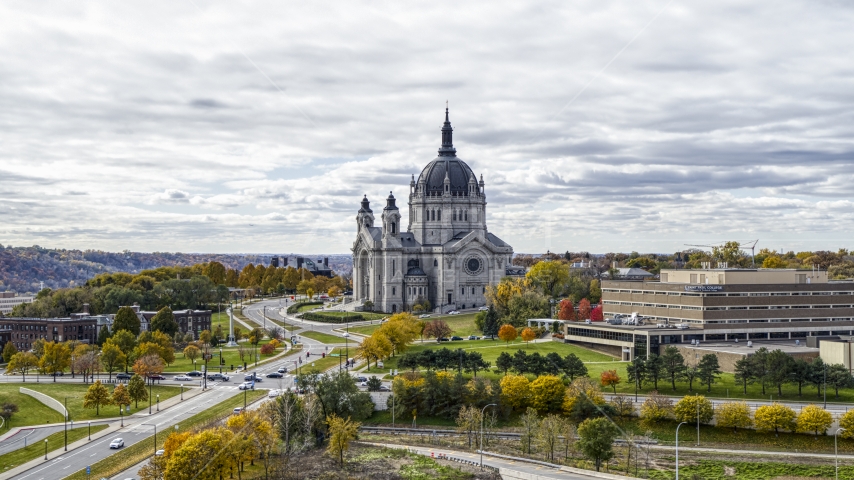The Cathedral of Saint Paul by a quiet street in Saint Paul, Minnesota Aerial Stock Photo DXP001_000383 | Axiom Images