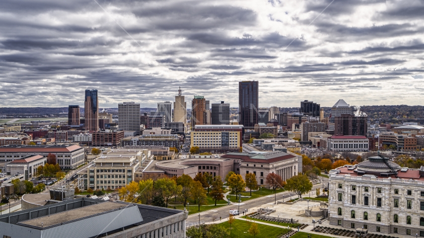 The city skyline in the distance, seen from near the state capitol building, Downtown Saint Paul, Minnesota Aerial Stock Photo DXP001_000392 | Axiom Images