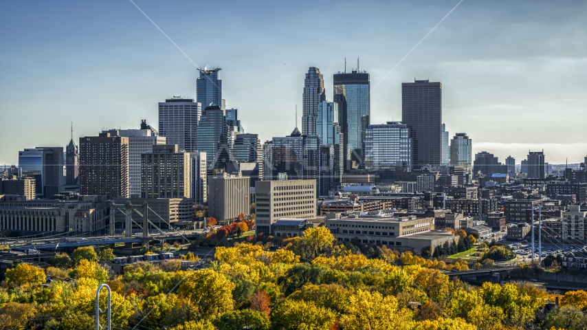 A view over autumn trees at the city's skyline, Downtown Minneapolis, Minnesota Aerial Stock Photo DXP001_000405 | Axiom Images