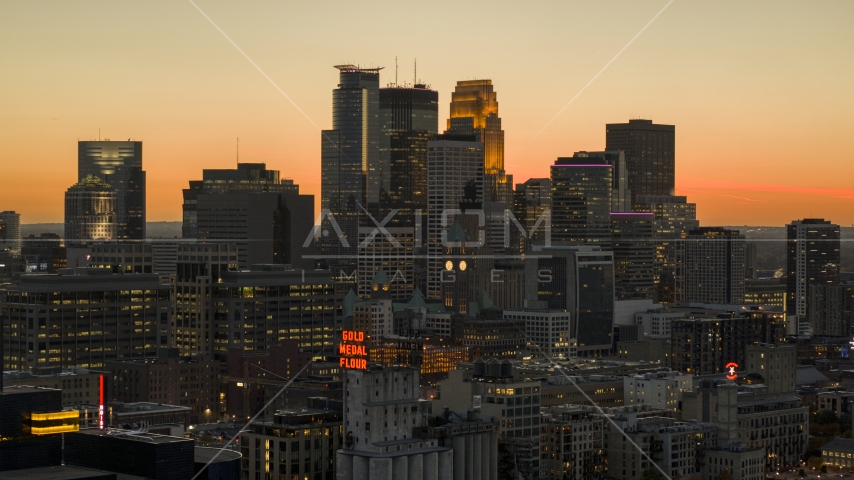 The city's towering downtown skyline at twilight, Downtown Minneapolis, Minnesota Aerial Stock Photo DXP001_000440 | Axiom Images