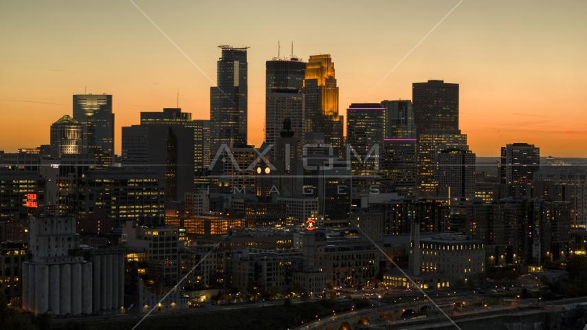 The city's towering skyline at twilight, Downtown Minneapolis, Minnesota Aerial Stock Photo DXP001_000441 | Axiom Images