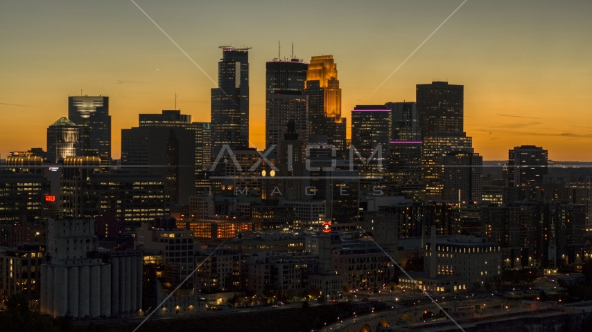 The towering skyline at twilight, Downtown Minneapolis, Minnesota Aerial Stock Photo DXP001_000442 | Axiom Images