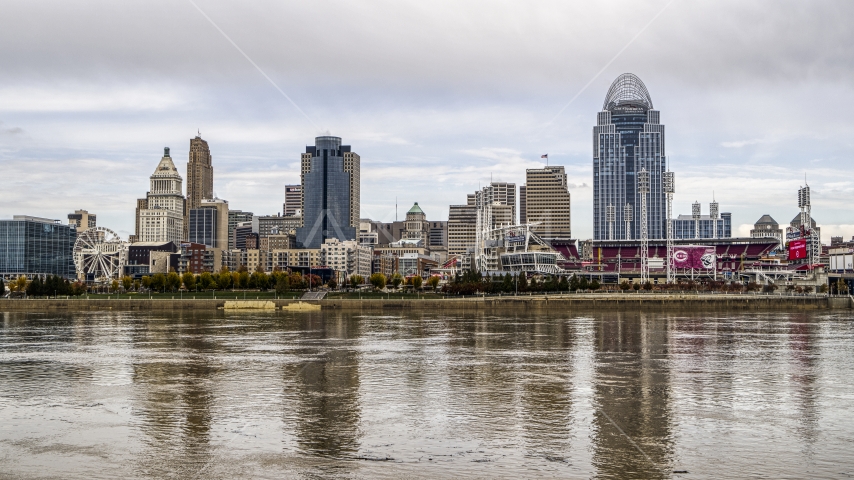 The city's skyline seen from low over the Ohio River, Downtown Cincinnati, Ohio Aerial Stock Photo DXP001_000448 | Axiom Images