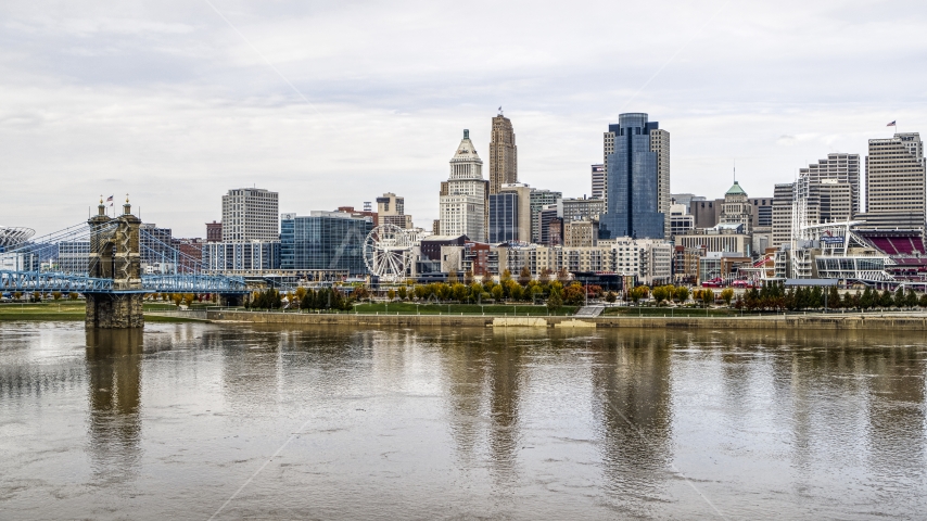 The city's skyline near the Ohio River, Downtown Cincinnati, Ohio Aerial Stock Photo DXP001_000453 | Axiom Images