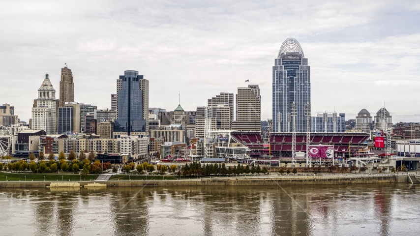City skyline behind the baseball stadium beside the Ohio River in Downtown Cincinnati, Ohio Aerial Stock Photo DXP001_000460 | Axiom Images
